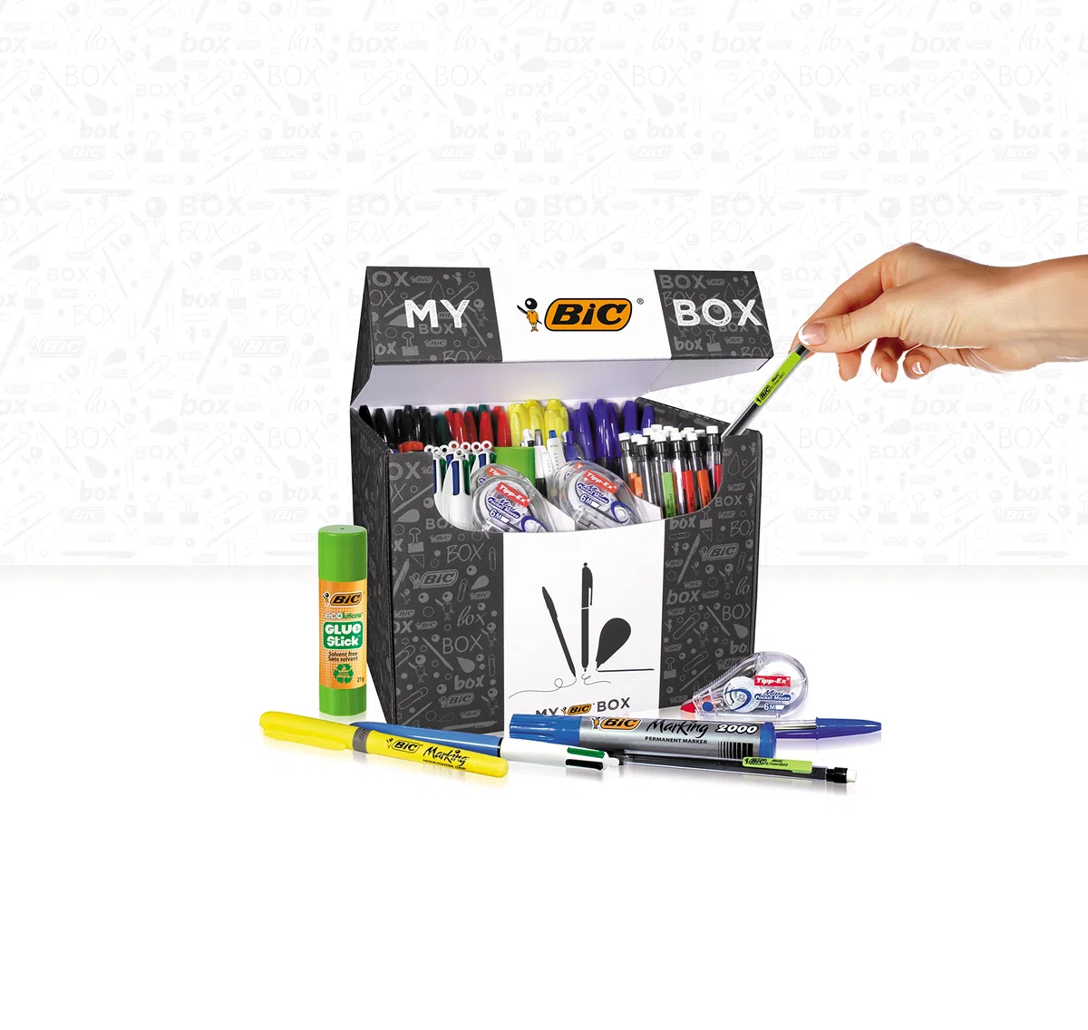 BIC Schreibwaren Set: 75 Kugelschreiber, 8 Textmarker, 2 Kleber, 7 Marker, 8 Korrekturroller & 24 Druckbleistifte, My BIC Box