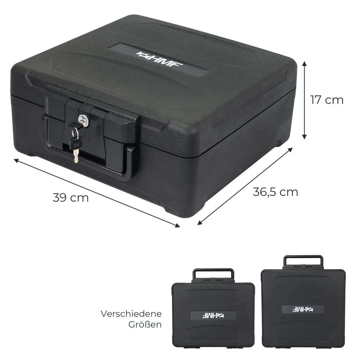 HMF Feuerfeste Dokumentenbox DIN A4 Ordner, wasserdichte Geldkassette abschließbar | 39 x 40 x 17 cm | Schwarz