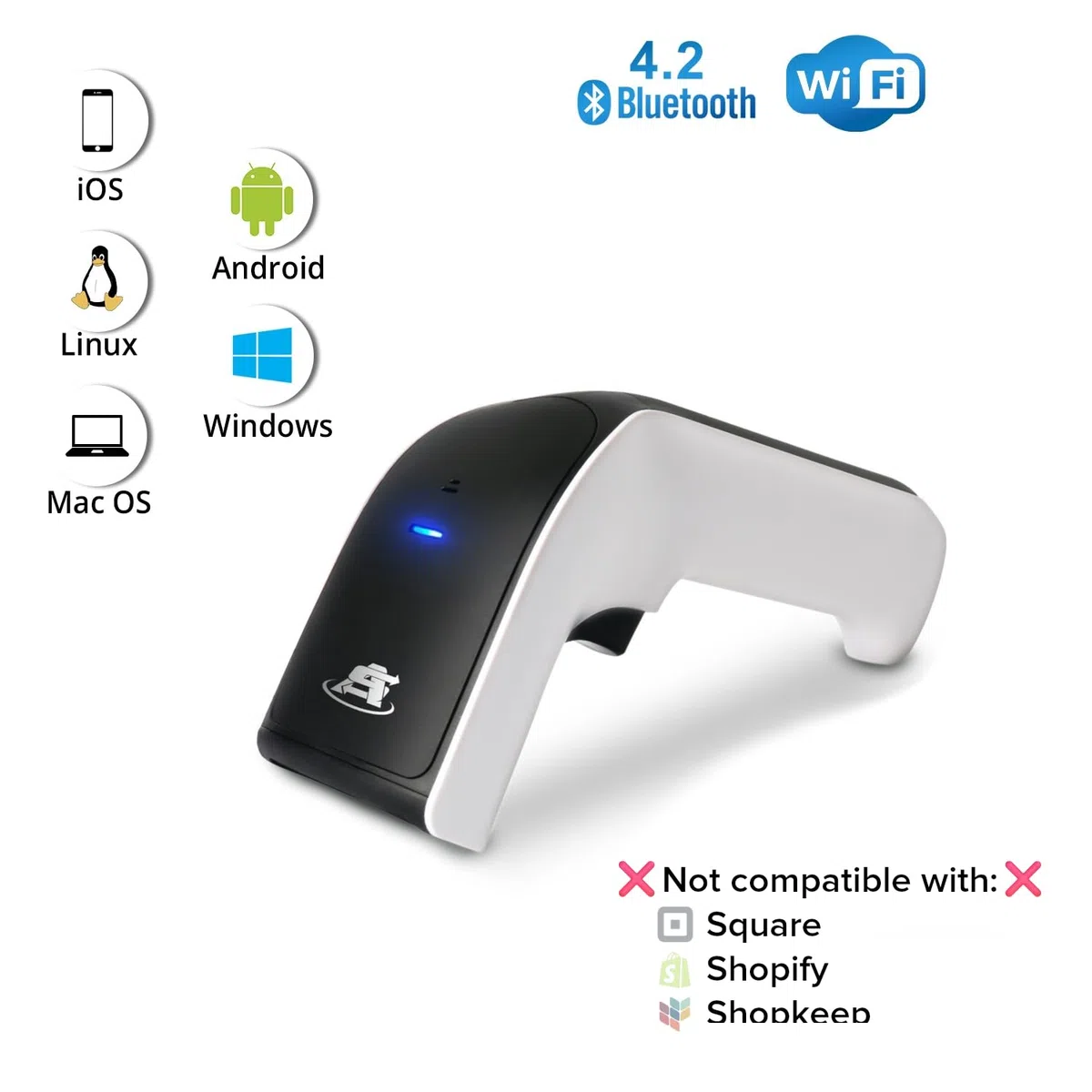 ScanAvenger Tragbarer kabelloser Bluetooth-Barcode-Scanner Handscanner wiederaufladbar 1D und 2D Scan-Pistole für Inventarverwaltung (1D- und 2D-Barcodescanner ohne Smart Stand)