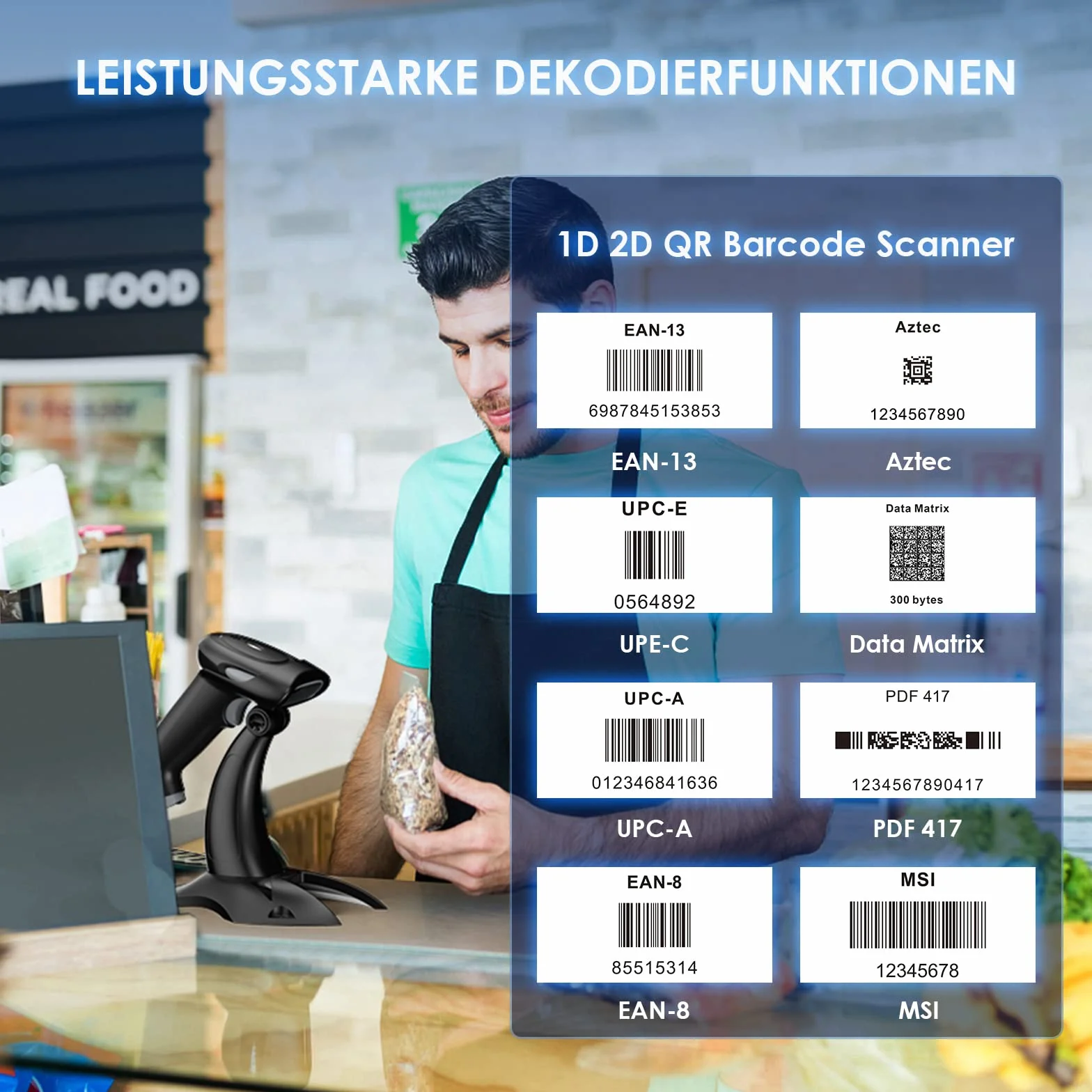 Eyoyo Barcode Scanner 1D 2D QR Handheld, Scanner 3 in 1 Connection Type Bluetooth 2.4G Wireless USB Cable, Barcode Reader,Compatible with Windows, Android, iOS, Tablets or Computer (EY-034 with Stand)