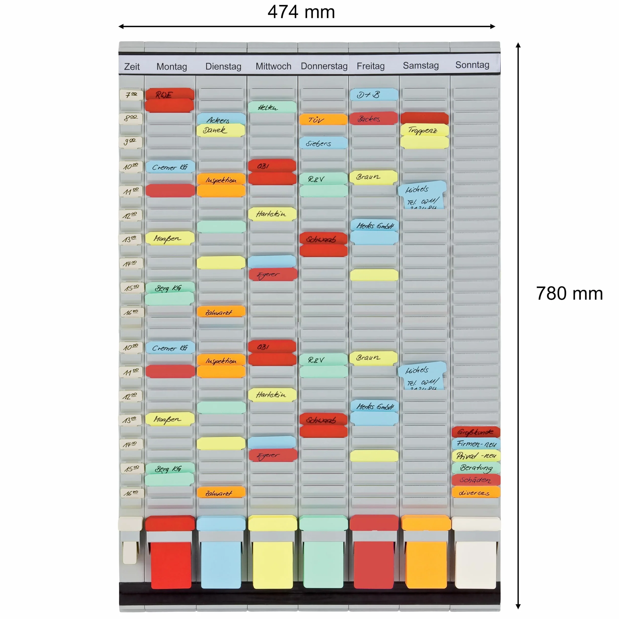 FRANKEN T-Kartentafel 7-Tage Wochenplaner, 47,4 x 78 cm, 7 Träger + 1 Index, 35 Schlitze, PV-SET3