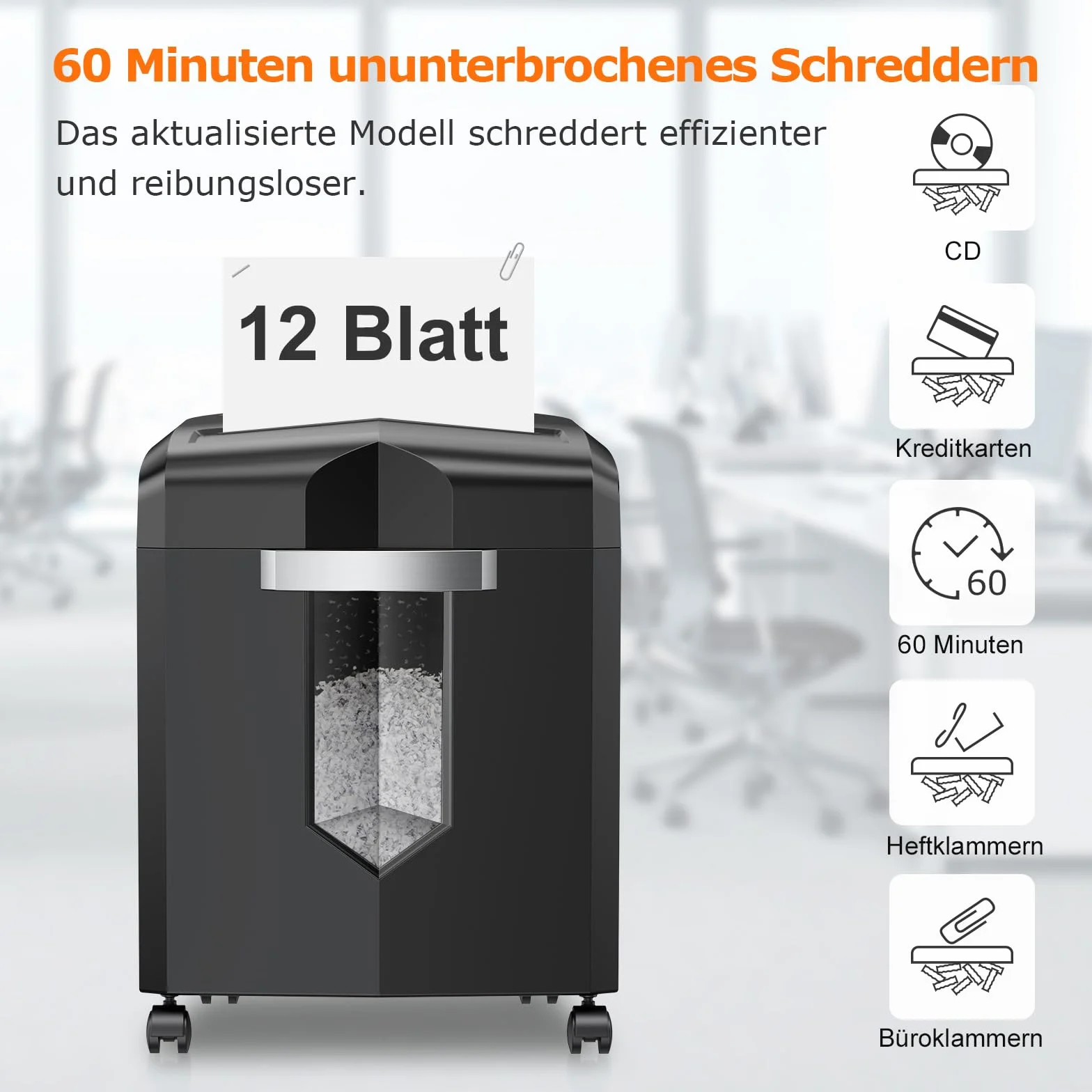 Bonsaii 12-Blatt Partikelschnitt Aktenvernichter, läuft 60 Minuten lang, Hochleistungs schredder aktenvernichter für Home Office, P4 Mikroschnitt papierschredder mit 4 Rollen & 16L Behälter(C266-B)