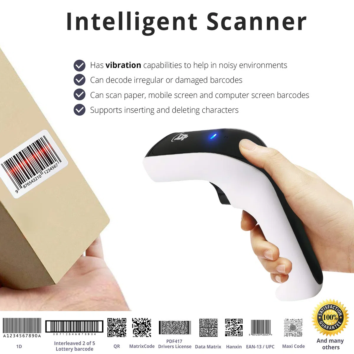 ScanAvenger Tragbarer kabelloser Bluetooth-Barcode-Scanner Handscanner wiederaufladbar 1D und 2D Scan-Pistole für Inventarverwaltung (1D- und 2D-Barcodescanner ohne Smart Stand)