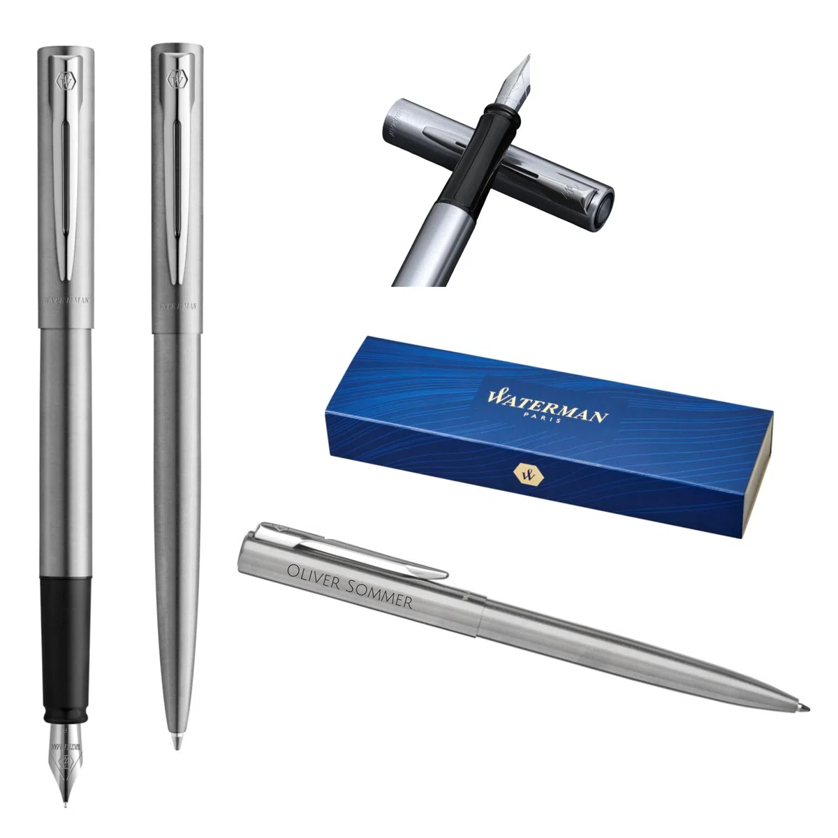 Waterman Allure Schreibset mit Gravur – Kugelschreiber & Füllfederhalter Set personalisiert – Luxus Schreibgeräte Set in Schwarz – Elegantes Geschenk für Damen & Herren (Stainless Steel)