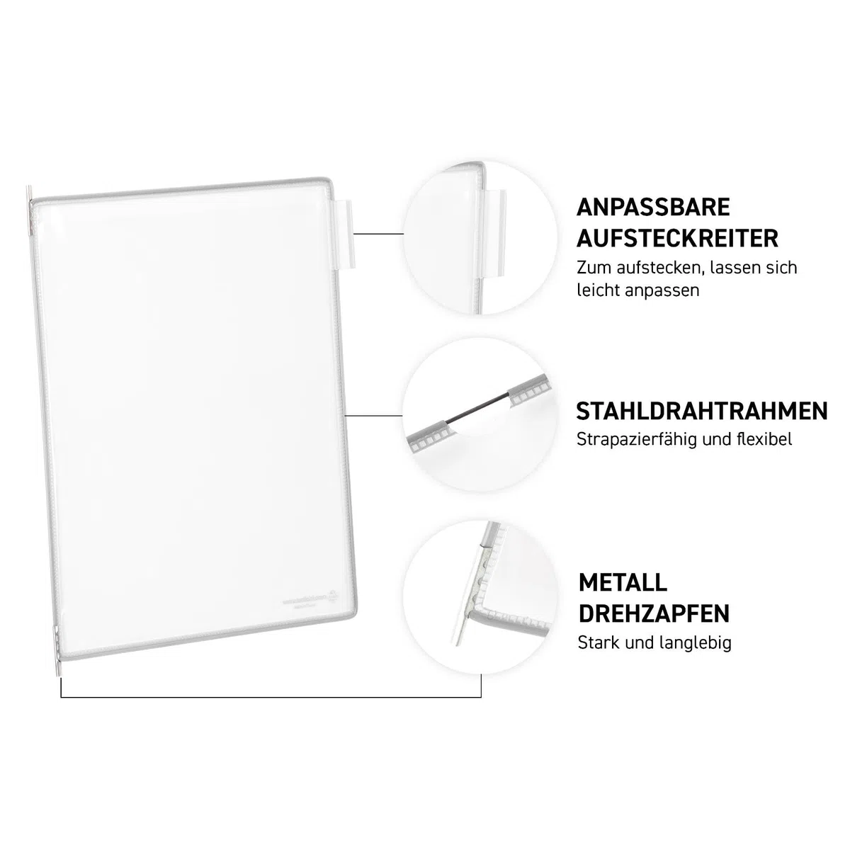 Djois, 414102 - Metall-Wand-Präsentationssystem A4 mit 10 antireflex Sichttafeln, robust für Dokumentenanzeige in Büro, Werkstatt, Lager und Industrie - Weiß