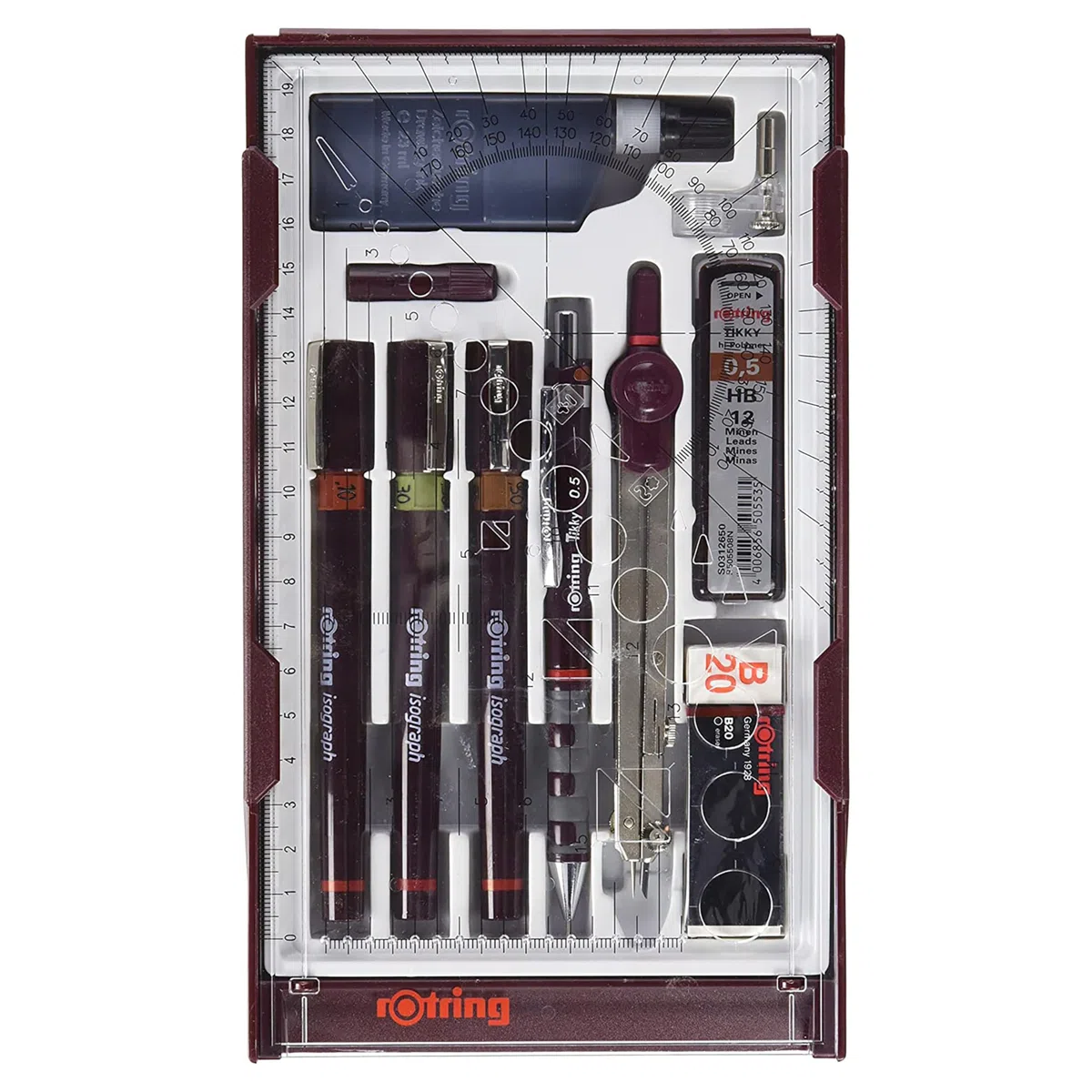 Rohrer & Graphitaufman Isograph Fineliner 0,10mm, 0,30mm, 0,50mm, Druckbleistift 0,5mm, Zirkel & Zubehör, 10-Teiliges Etui | Bleistift 0,7mm