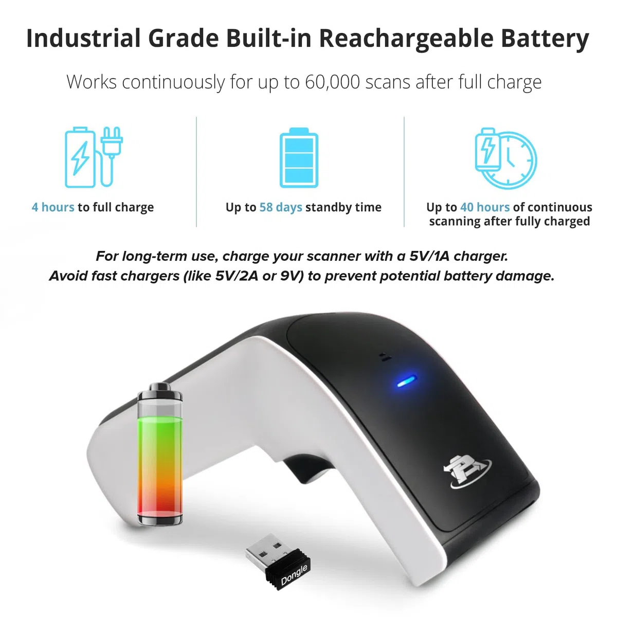 ScanAvenger Tragbarer kabelloser Bluetooth-Barcode-Scanner Handscanner wiederaufladbar 1D und 2D Scan-Pistole für Inventarverwaltung (1D- und 2D-Barcodescanner ohne Smart Stand)