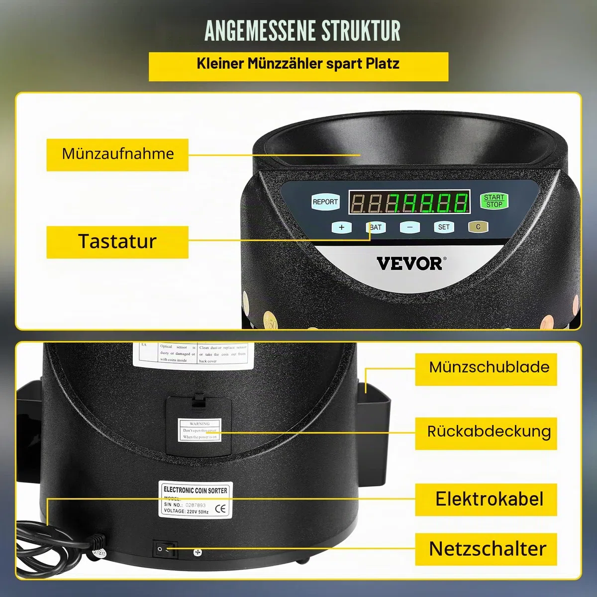 VEVOR Geldzählmaschine münzen 220 V, Kleingeld Sortierer 300 Münzen pro Min, Geldsortierer münzen 700 Münzen Kapazität, Münzzähler Euro Münzzählermaschine mit 8 Auffangboxen, Geldzähler, für U-Bahnen