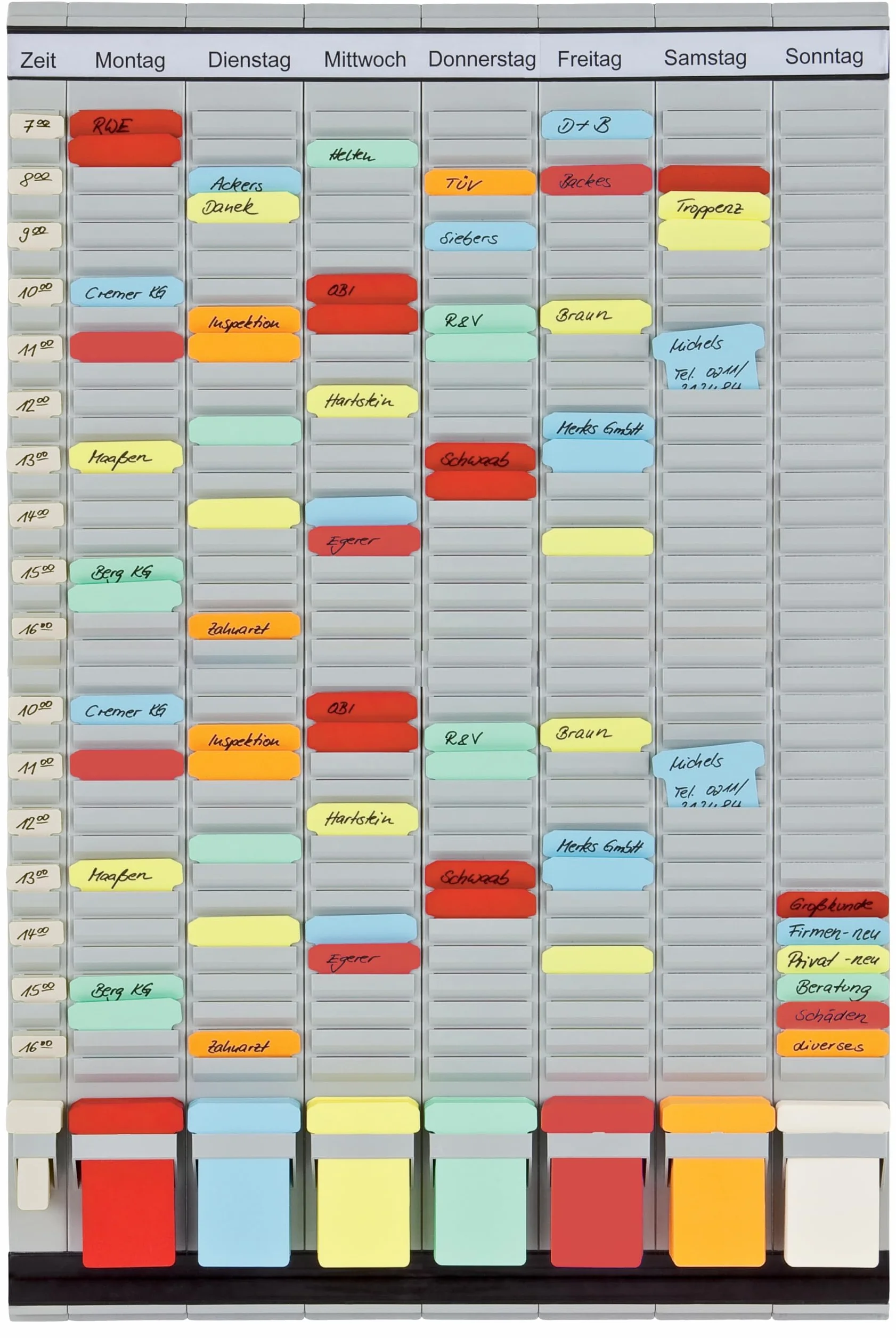 FRANKEN T-Kartentafel 7-Tage Wochenplaner, 47,4 x 78 cm, 7 Träger + 1 Index, 35 Schlitze, PV-SET3