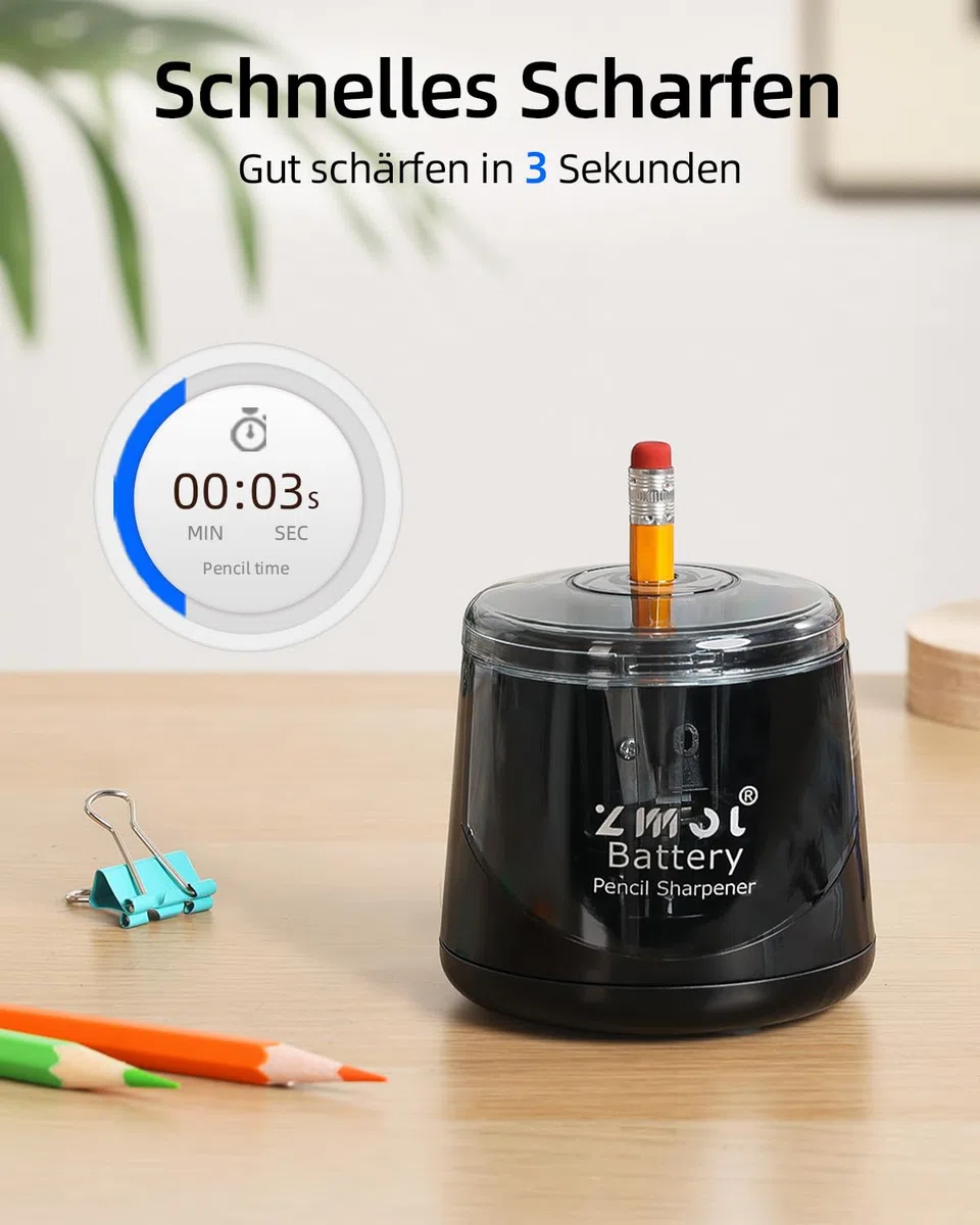 ZMOL Elektrischer Spitzer & Anspitzer, Bleistiftspitzer für Kinder, Batteriebetrieben für Buntstifte und Bleistifte (6-8mm), für Schule, Büro, Haushalt und Klassenzimmer, Kinderfreundlich – Schwarz