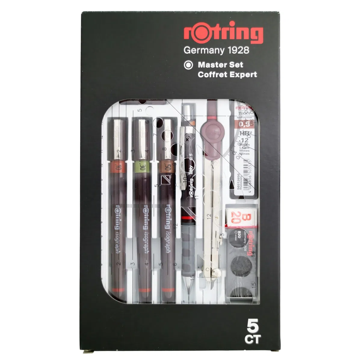Rohrer & Graphitaufman Isograph Fineliner 0,10mm, 0,30mm, 0,50mm, Druckbleistift 0,5mm, Zirkel & Zubehör, 10-Teiliges Etui | Bleistift 0,7mm