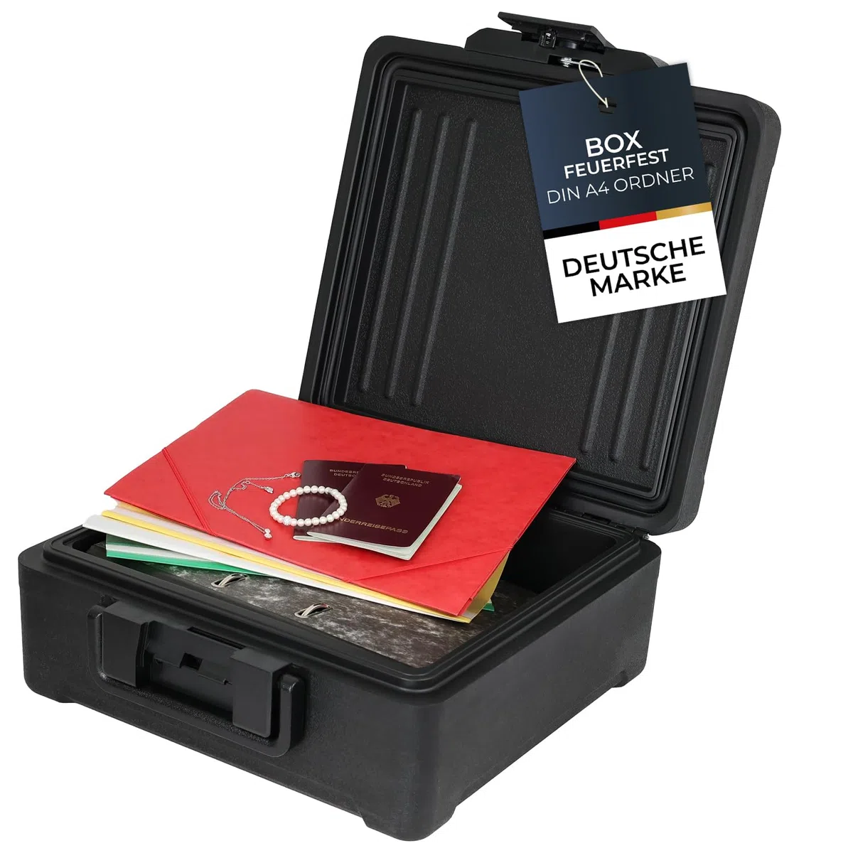 HMF Feuerfeste Dokumentenbox DIN A4 Ordner, wasserdichte Geldkassette abschließbar | 39 x 40 x 17 cm | Schwarz