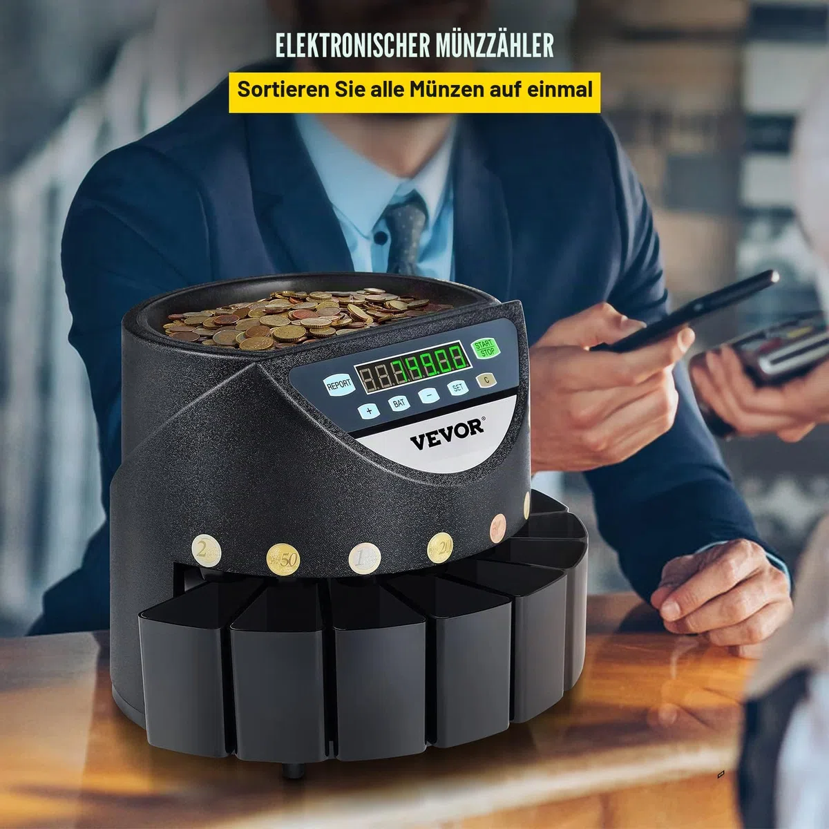 VEVOR Geldzählmaschine münzen 220 V, Kleingeld Sortierer 300 Münzen pro Min, Geldsortierer münzen 700 Münzen Kapazität, Münzzähler Euro Münzzählermaschine mit 8 Auffangboxen, Geldzähler, für U-Bahnen