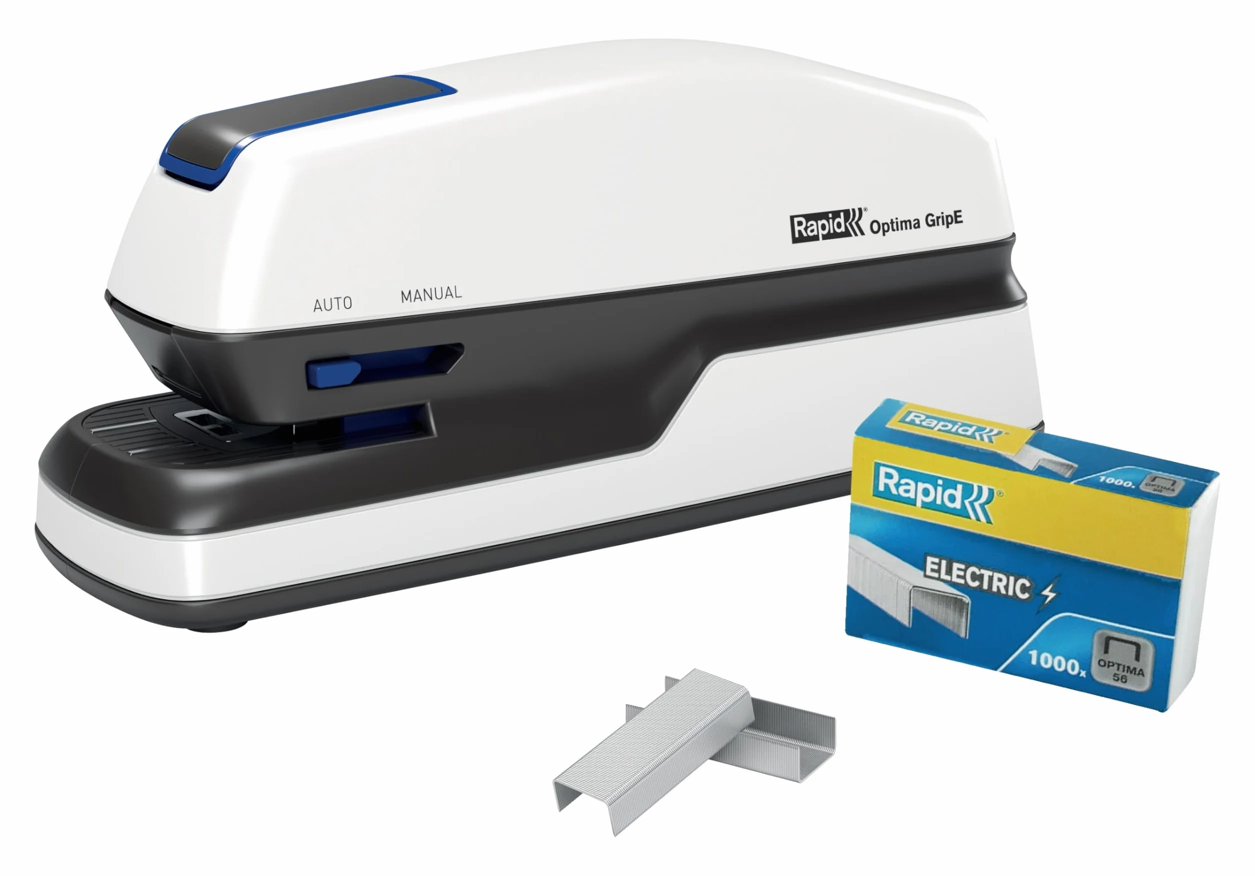 Rapid Optima GripE Elektrischer Tacker, Set aus Tacker und 1000 x Heftklammern, Kapazität 20 Blatt, Optimal für Büro und Home Office, Weiß, 2102349