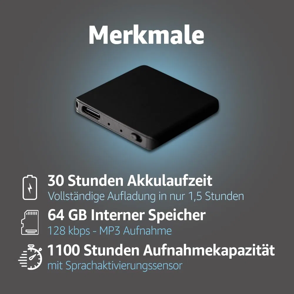 64GB Mini Aufnahmegerät - 1145 Stunden - Nur 5 mm Dünn - Stimmenaktivierung Diktiergerät - 30 Stunden Akku - MP3 Voice Rekorder - TileREC von Atto Digital
