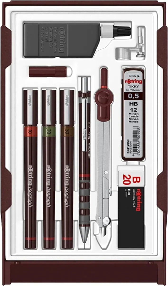 Rohrer & Graphitaufman Isograph Fineliner 0,10mm, 0,30mm, 0,50mm, Druckbleistift 0,5mm, Zirkel & Zubehör, 10-Teiliges Etui | Bleistift 0,7mm