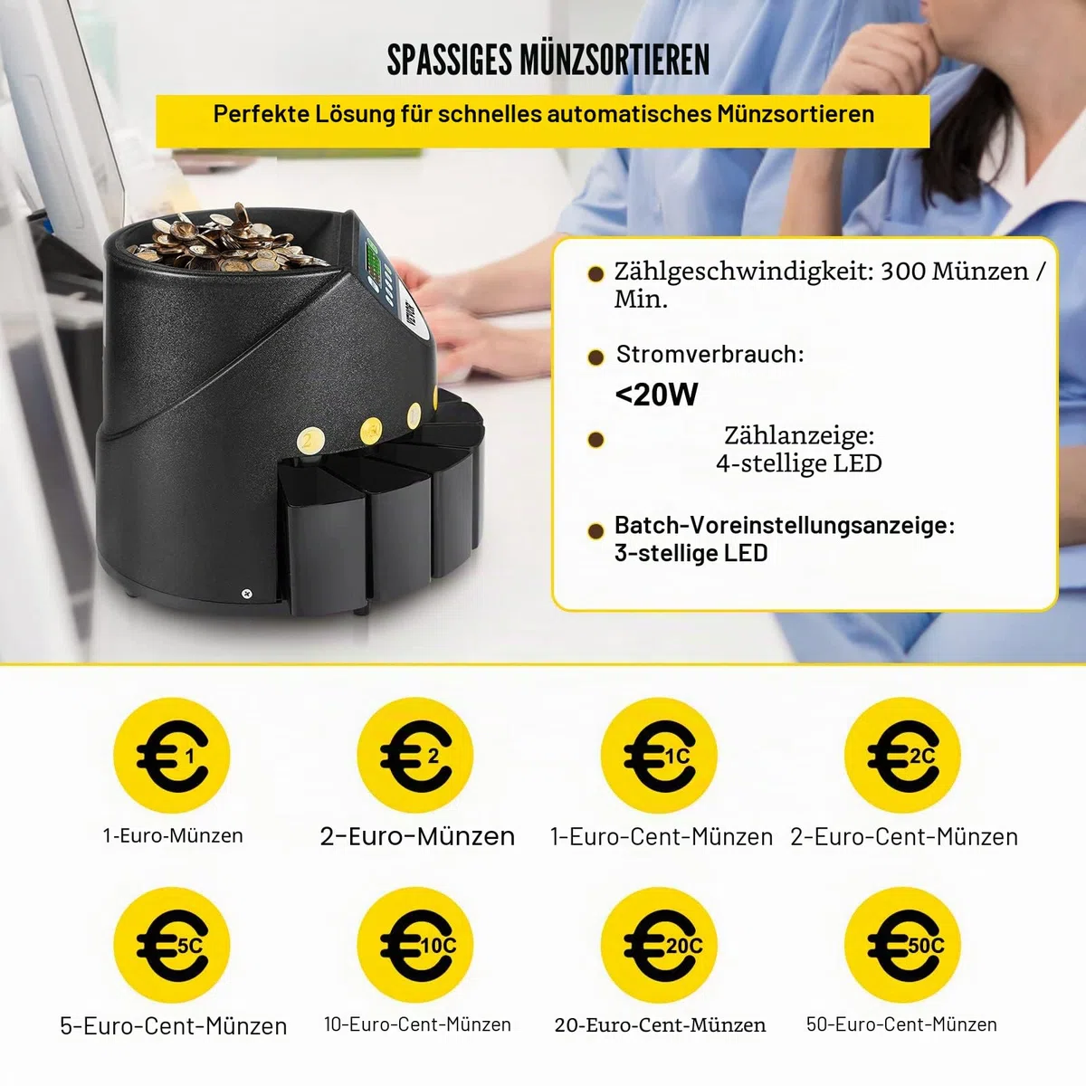 VEVOR Geldzählmaschine münzen 220 V, Kleingeld Sortierer 300 Münzen pro Min, Geldsortierer münzen 700 Münzen Kapazität, Münzzähler Euro Münzzählermaschine mit 8 Auffangboxen, Geldzähler, für U-Bahnen