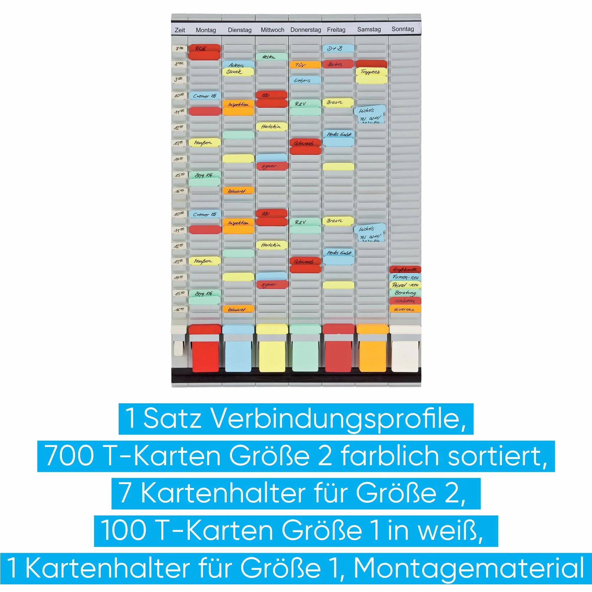 FRANKEN T-Kartentafel 7-Tage Wochenplaner, 47,4 x 78 cm, 7 Träger + 1 Index, 35 Schlitze, PV-SET3