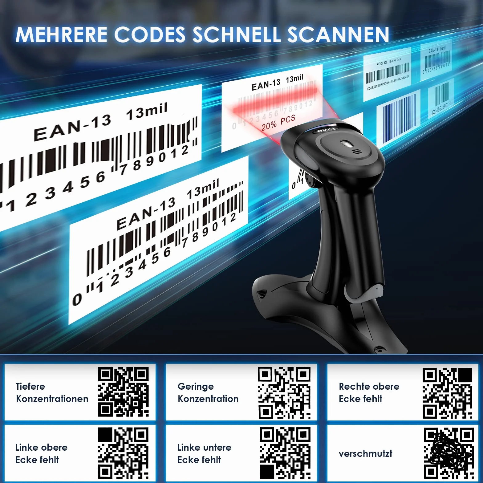Eyoyo Barcode Scanner 1D 2D QR Handheld, Scanner 3 in 1 Connection Type Bluetooth 2.4G Wireless USB Cable, Barcode Reader,Compatible with Windows, Android, iOS, Tablets or Computer (EY-034 with Stand)