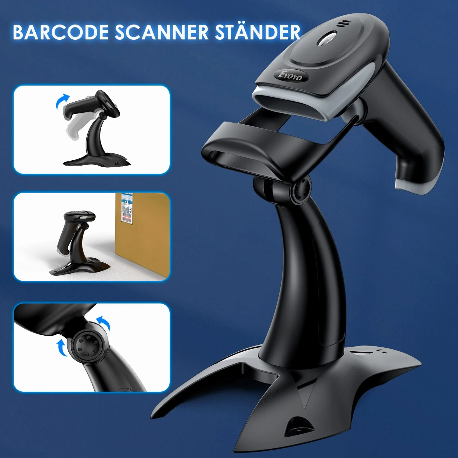 Eyoyo Barcode Scanner 1D 2D QR Handheld, Scanner 3 in 1 Connection Type Bluetooth 2.4G Wireless USB Cable, Barcode Reader,Compatible with Windows, Android, iOS, Tablets or Computer (EY-034 with Stand)