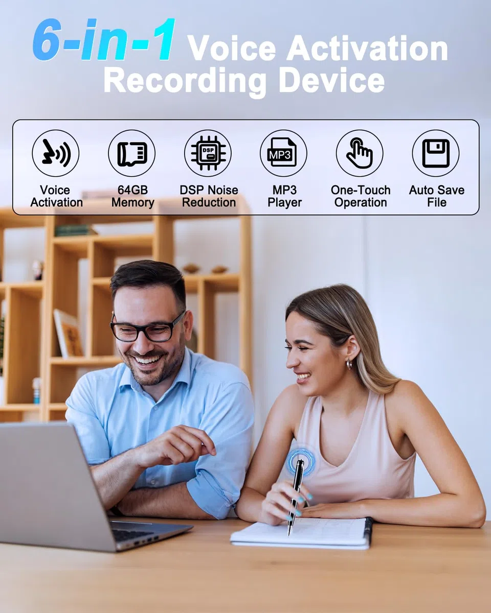 Mini Diktiergerät 64GB, Aufnahmegerät mit 768 Stunden Kapazität, Voice Recorder Pen mit Rauschunterdrückung, EIN-Knopf-Aufnahme, Zeitstempel, Mini Diktiergerät für Meetings,Vorlesungen