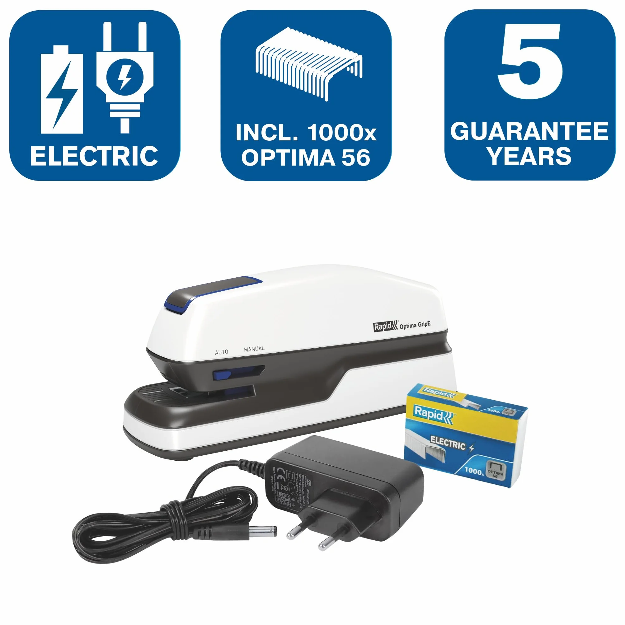 Rapid Optima GripE Elektrischer Tacker, Set aus Tacker und 1000 x Heftklammern, Kapazität 20 Blatt, Optimal für Büro und Home Office, Weiß, 2102349