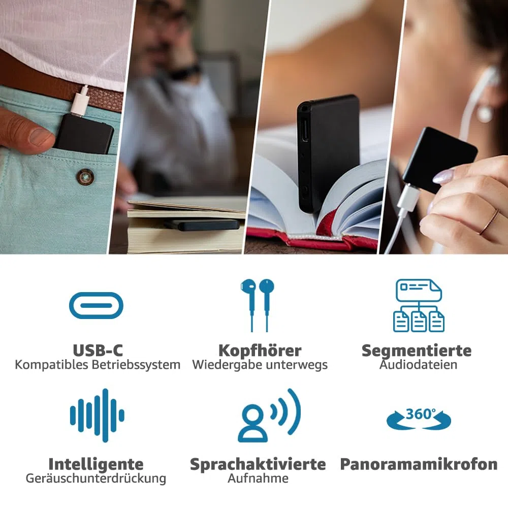 64GB Mini Aufnahmegerät - 1145 Stunden - Nur 5 mm Dünn - Stimmenaktivierung Diktiergerät - 30 Stunden Akku - MP3 Voice Rekorder - TileREC von Atto Digital