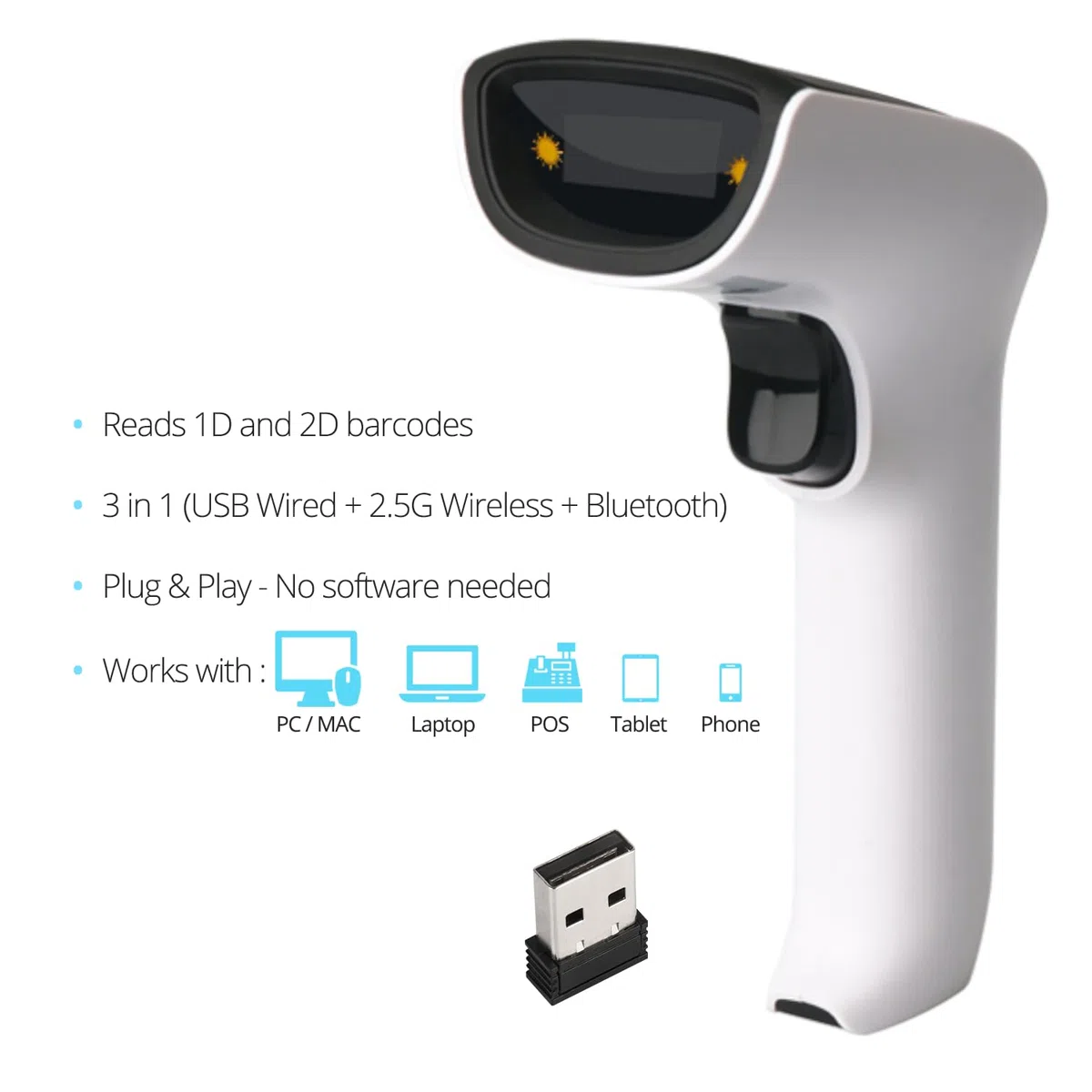 ScanAvenger Tragbarer kabelloser Bluetooth-Barcode-Scanner Handscanner wiederaufladbar 1D und 2D Scan-Pistole für Inventarverwaltung (1D- und 2D-Barcodescanner ohne Smart Stand)