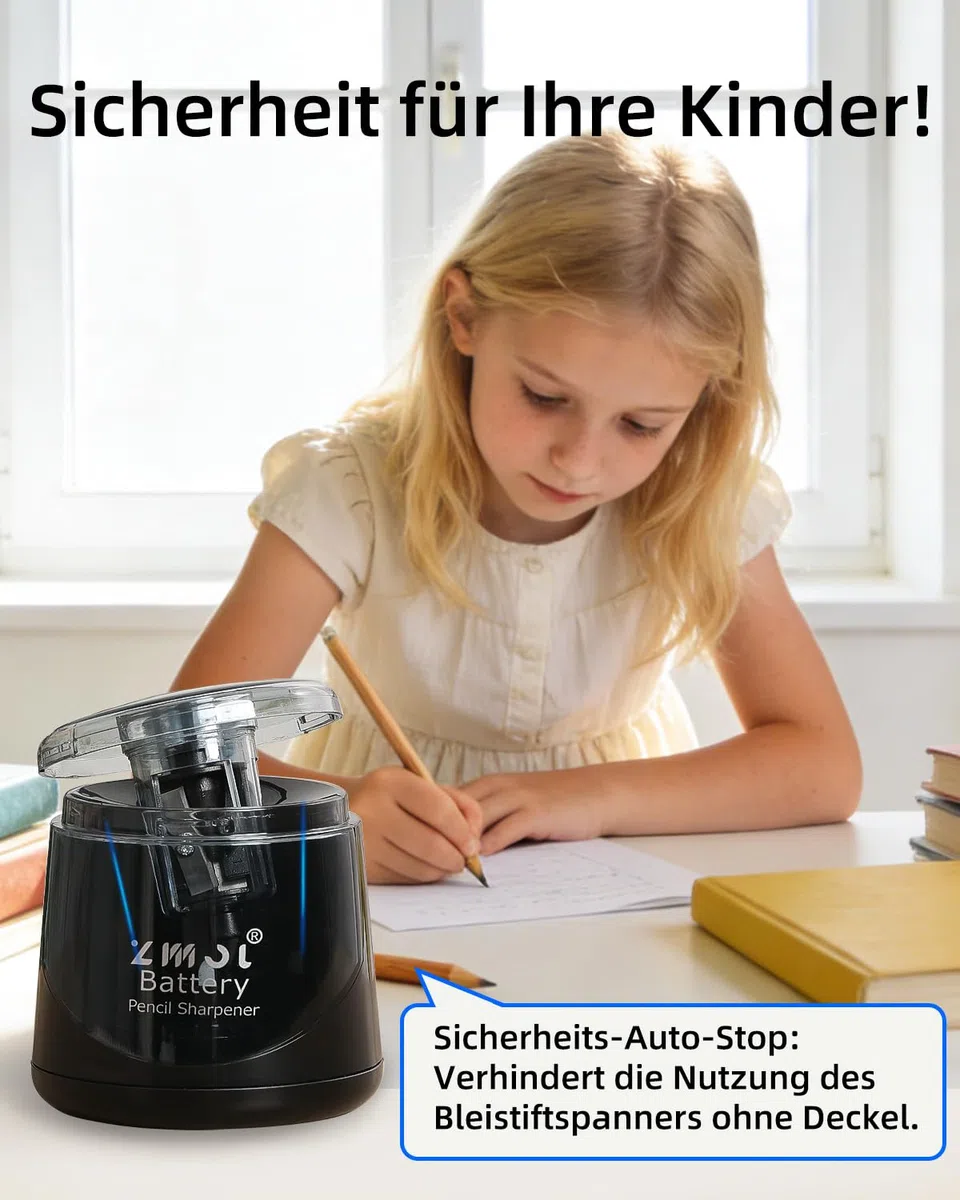 ZMOL Elektrischer Spitzer & Anspitzer, Bleistiftspitzer für Kinder, Batteriebetrieben für Buntstifte und Bleistifte (6-8mm), für Schule, Büro, Haushalt und Klassenzimmer, Kinderfreundlich – Schwarz